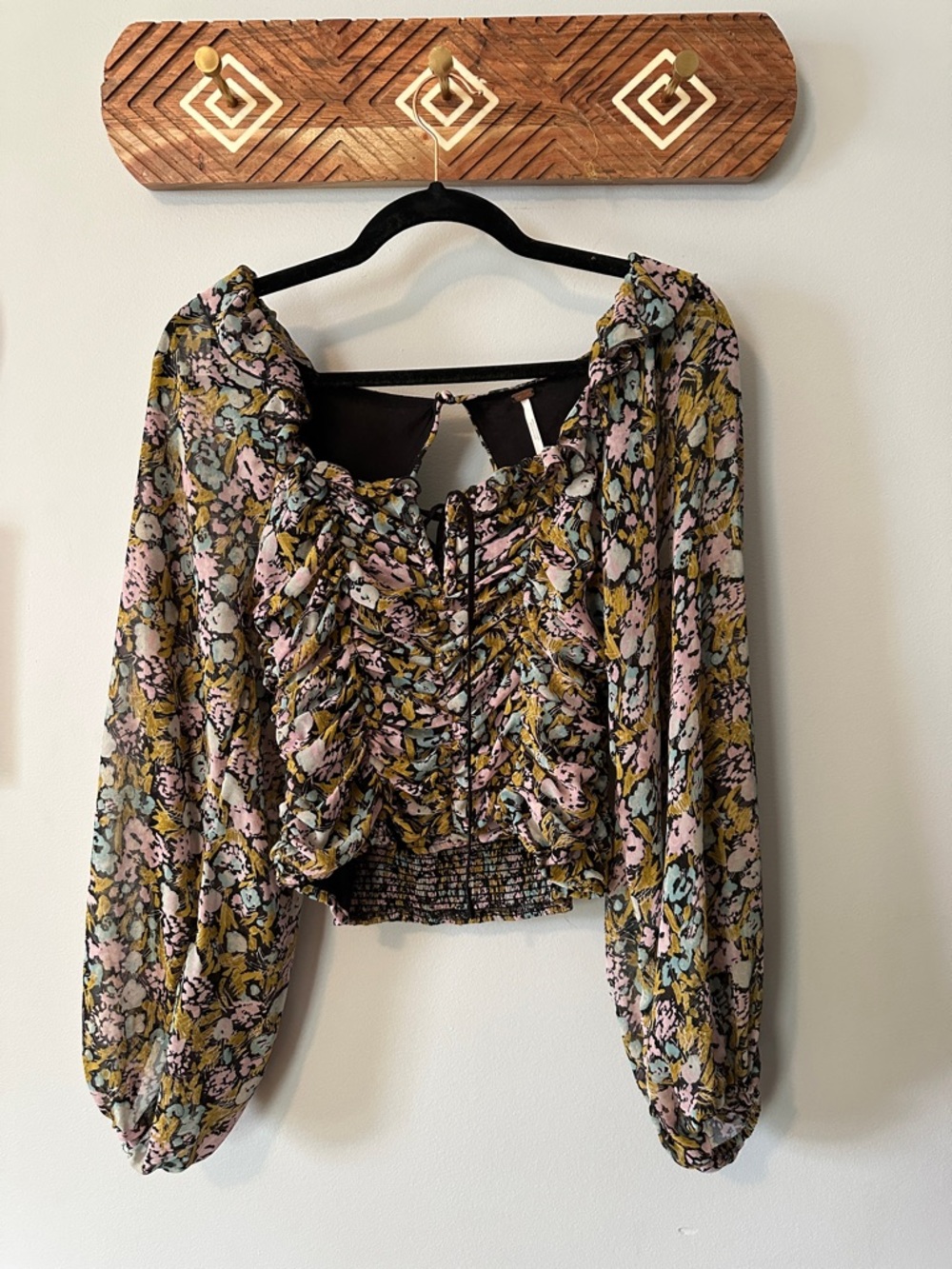 Free People Pink Olive Black Floral Ruffle Smocked Blouse
